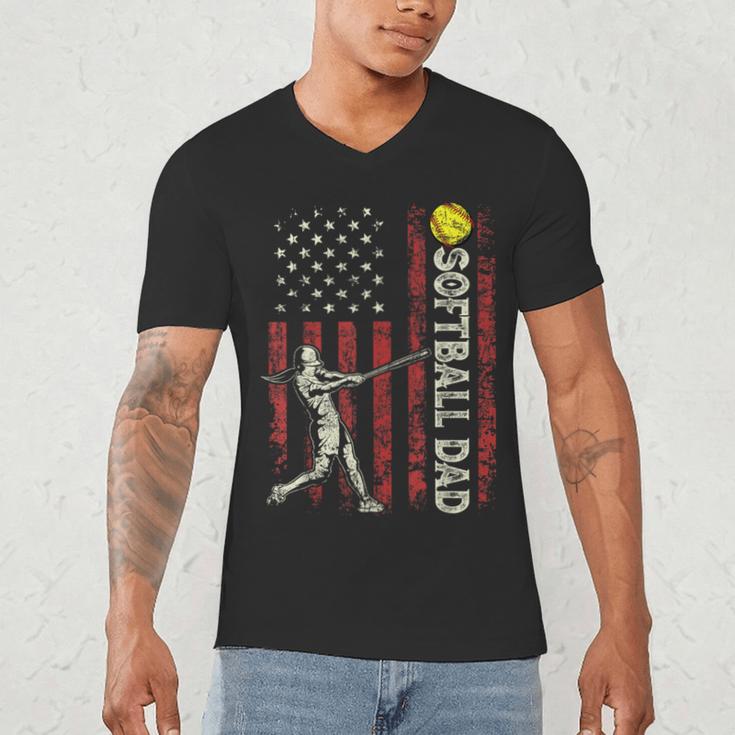 Softball Dad US Flag For Dad Men Patriotic Fathers Day Men's V-Neck T-Shirt