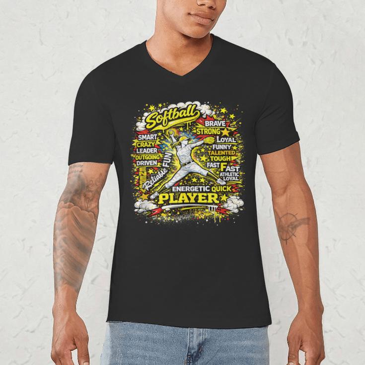 Softball Pitcher Best Traits Brave Retro Pop Comic Book Art Men's V-Neck T-Shirt