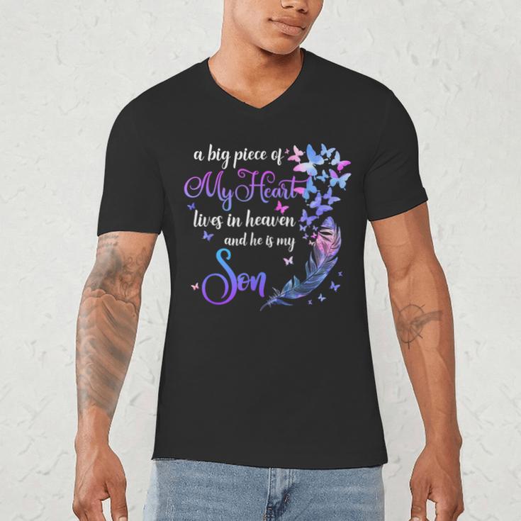 My Son Lives In Heaven Memorial Quotes Love Mom Dad Matching Men's V-Neck T-Shirt