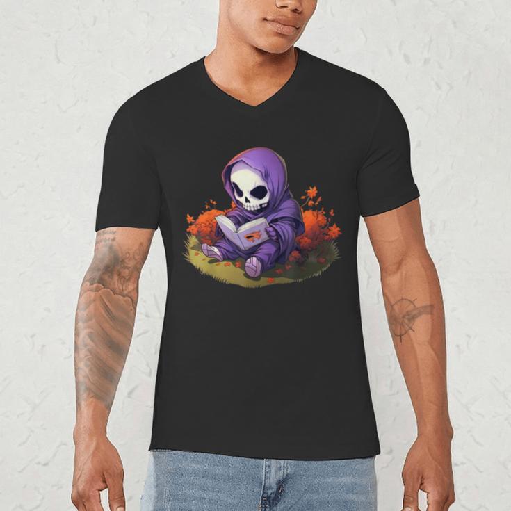 Spooky Grim Reaper Reading A Book Cute Creepy Halloween Men's V-Neck T-Shirt Spooky Grim Reaper Reading A Book Cute Creepy Halloween Men's V-Neck T-Shirt