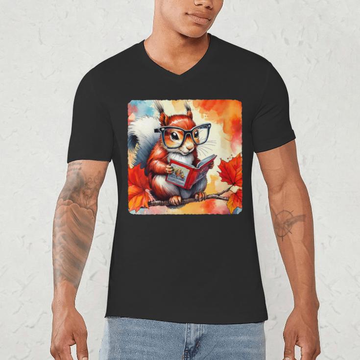 Squirrel Reading Comic Book On Autumn Branch Glasses Leaves Men's V-Neck T-Shirt Squirrel Reading Comic Book On Autumn Branch Glasses Leaves Men's V-Neck T-Shirt