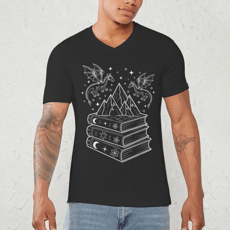 Stack Of Books And Dragons Bookworm Fantasy Books Lover Men's V-Neck T-Shirt
