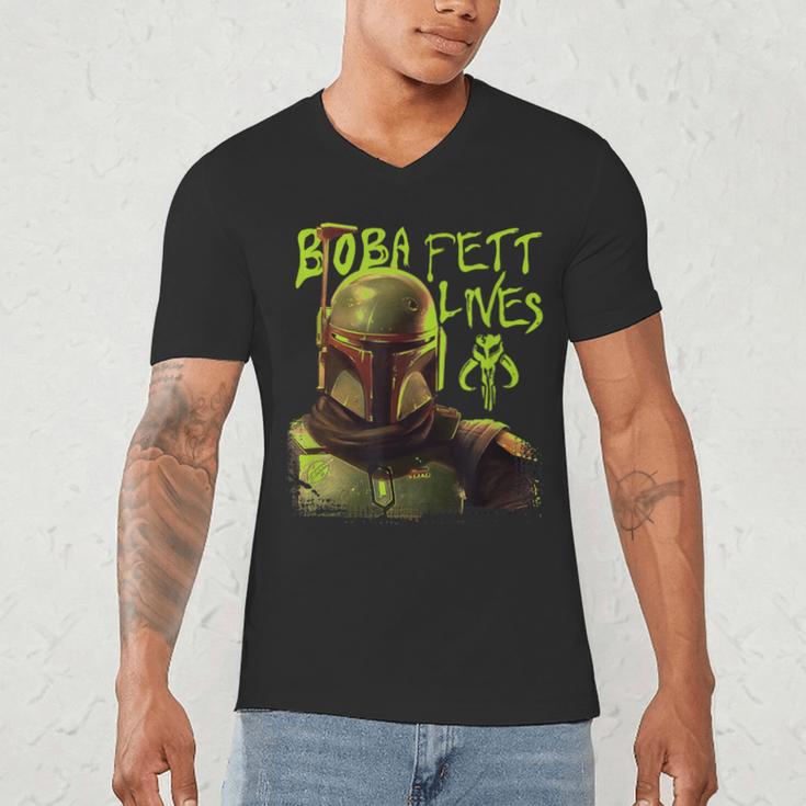 Star Wars The Book Of Boba Fett Neon Boba Fett Lives Poster Men's V-Neck T-Shirt