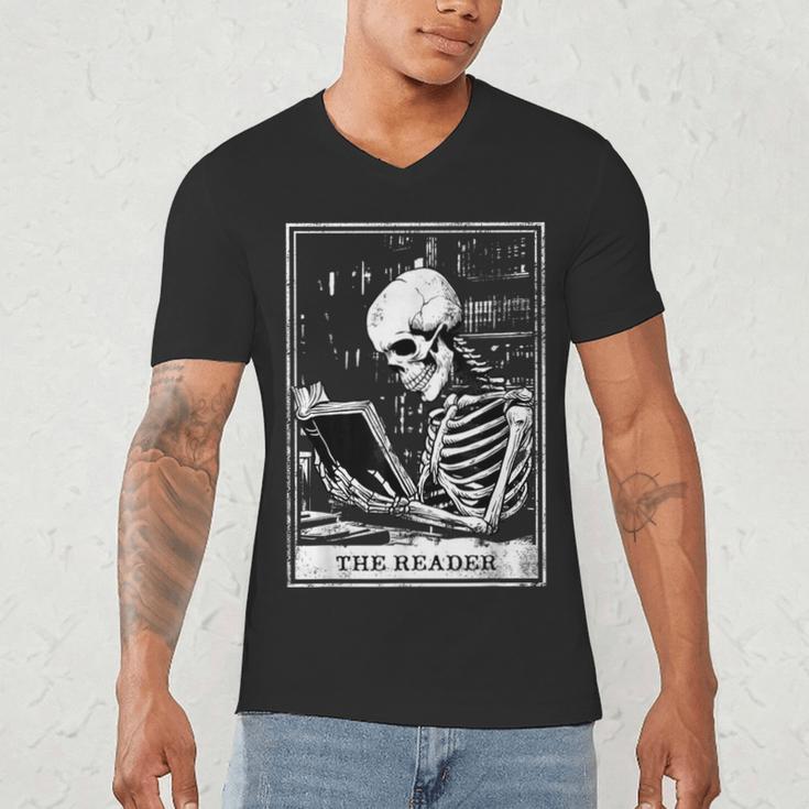 Tarot Card Shirt The Reader Tarot Skeleton Reading Book Men's V-Neck T-Shirt