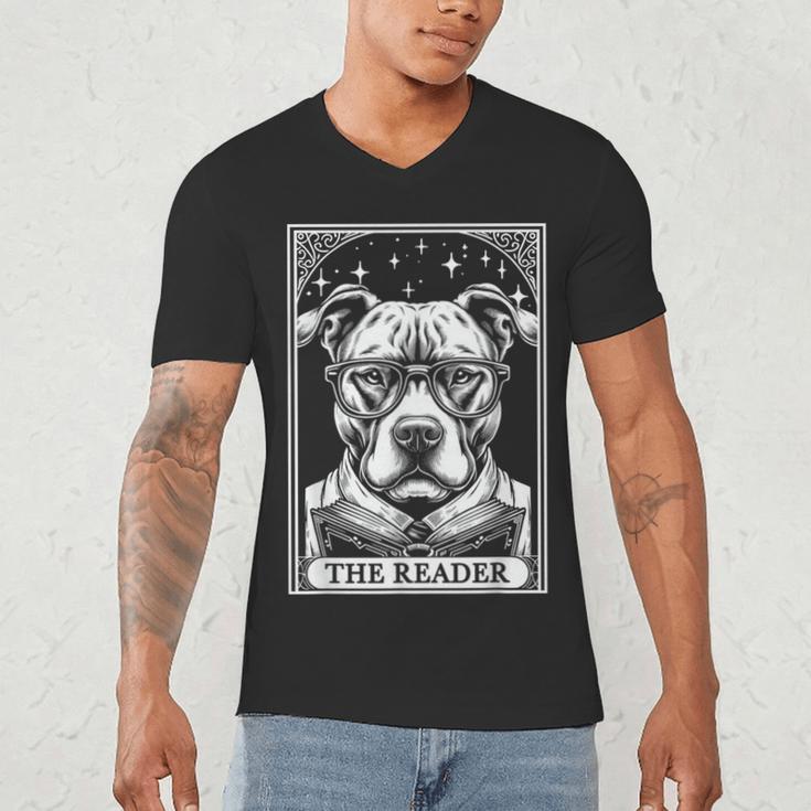 Tarot Card Vintage Pit Bull Pittie Dog Book Lover The Reader Men's V-Neck T-Shirt