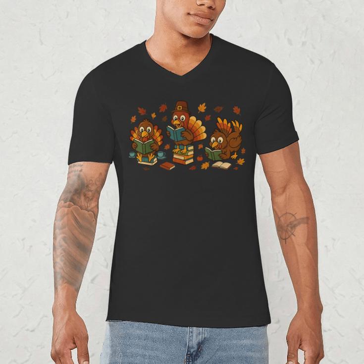 Teacher Fall Thanksgiving Turkey Reading Books Lovers Men's V-Neck T-Shirt
