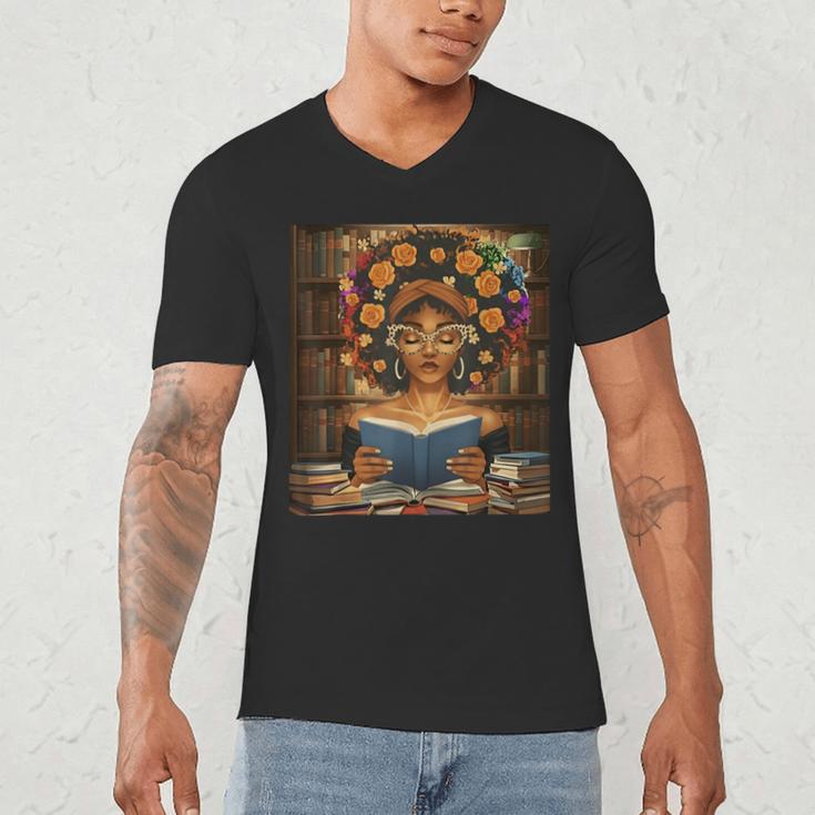 History Month Black Afro Girl Women Book Lovers Flower Men's V-Neck T-Shirt