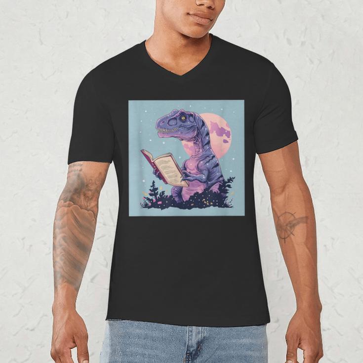 Trex Reading Book Dinosaur Men's V-Neck T-Shirt
