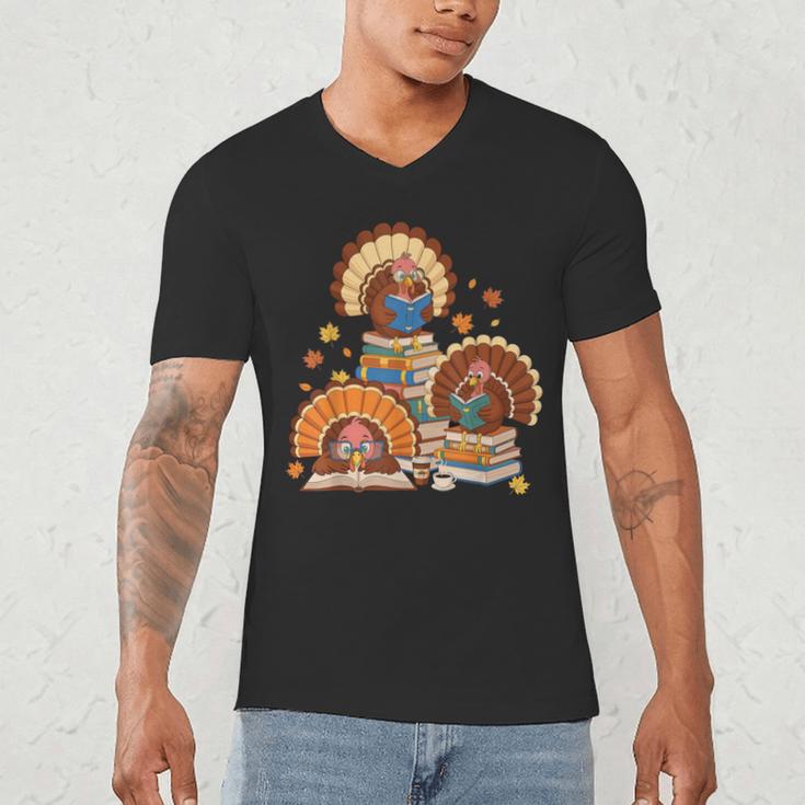 Turkey Read Books Reading Fall Thanksgiving Teacher Men's V-Neck T-Shirt