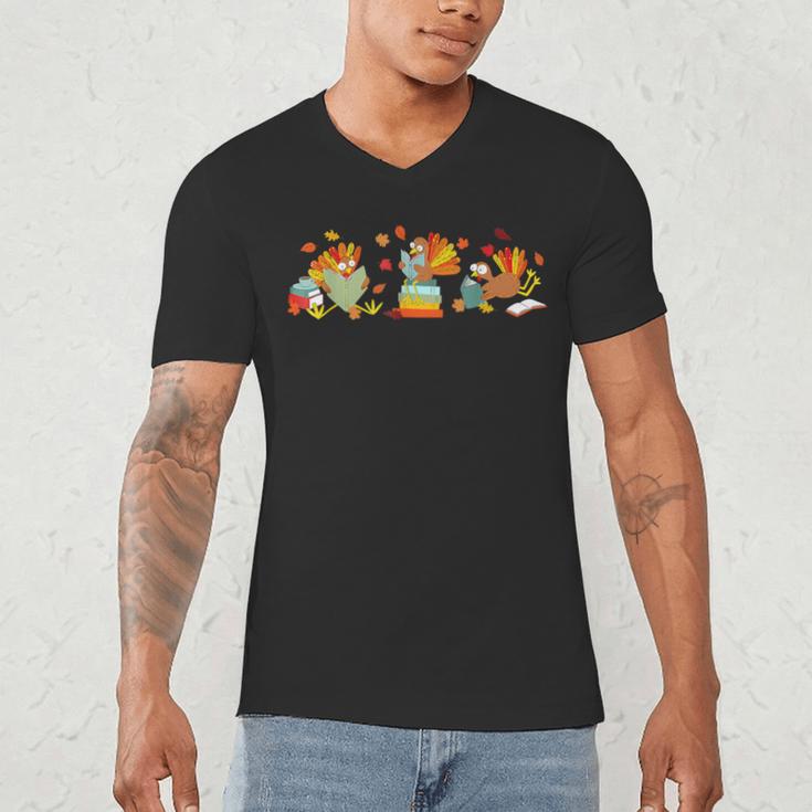 Turkey Reading Books Fall Thanksgiving Teacher Book Lovers Men's V-Neck T-Shirt