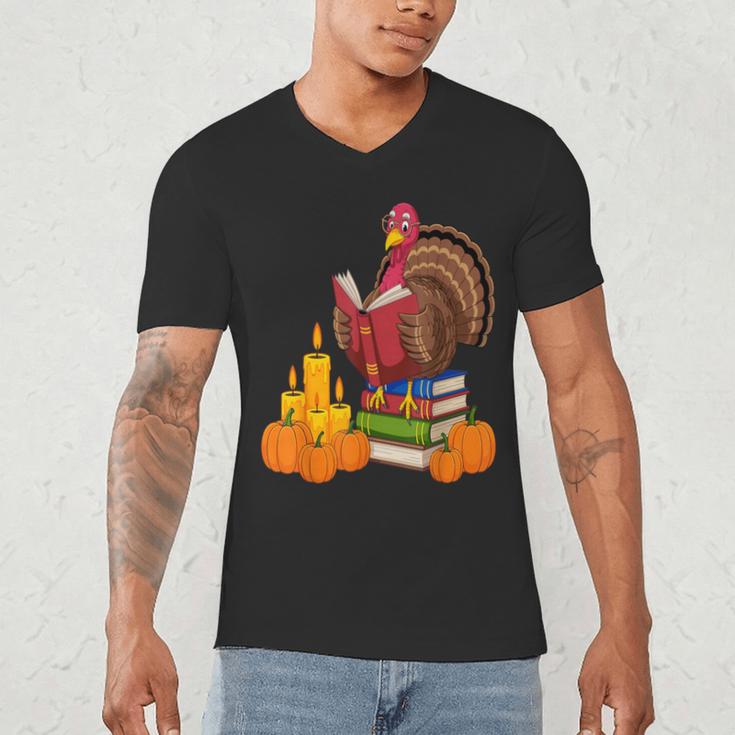 Turkey Reading Books Fall Thanksgiving Teacher Book Men's V-Neck T-Shirt Turkey Reading Books Fall Thanksgiving Teacher Book Men's V-Neck T-Shirt