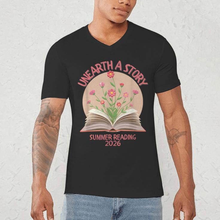 Unearth a Story 2026 Summer Reading Program Flowers Book Men's V-Neck T-Shirt