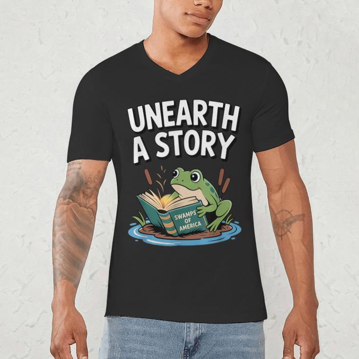 Unearth a Story Frog Reading a Book Summer 2026 Men's V-Neck T-Shirt