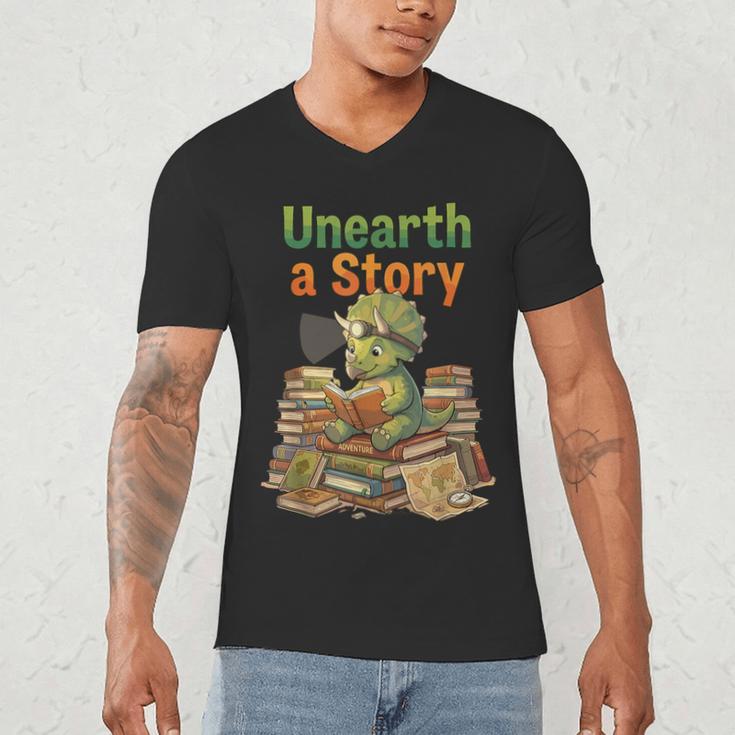 Unearth a Story Triceratops Dinosaur Reading Books Cute Dino Men's V-Neck T-Shirt Unearth a Story Triceratops Dinosaur Reading Books Cute Dino Men's V-Neck T-Shirt