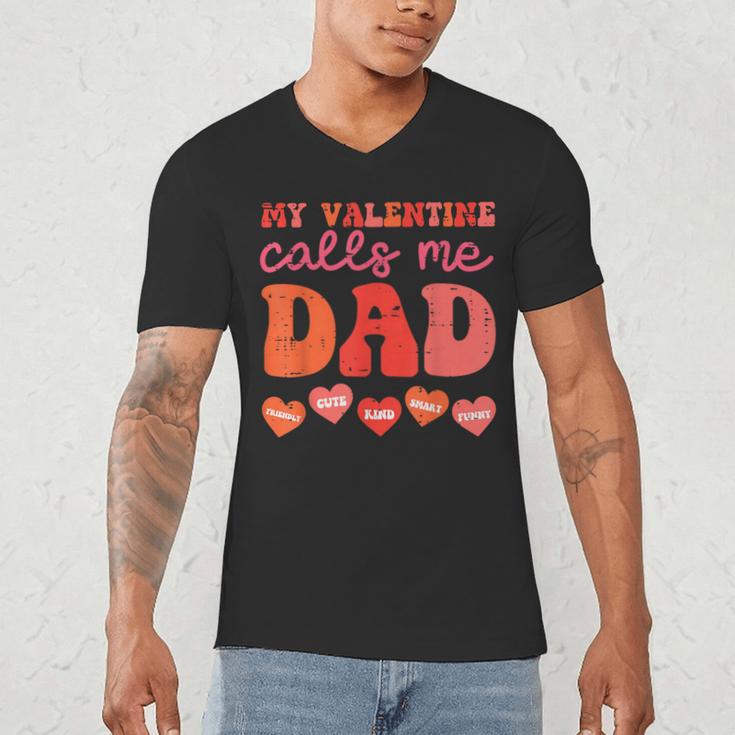 My Valentine Calls Me Dad Retro Groovy Family Daddy Papa Men Men's V-Neck T-Shirt