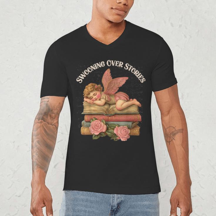 Valentine's Swooning Over Stories Cupid And Book Lover Tee Men's V-Neck T-Shirt Valentine's Swooning Over Stories Cupid And Book Lover Tee Men's V-Neck T-Shirt