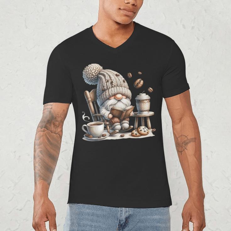 Vintage Cute Gnome Reading Book Coffee Cute Gnome Graphic Men's V-Neck T-Shirt