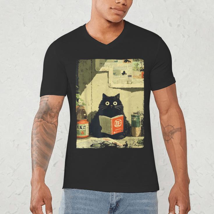 Vintage Japanese Cat Book Lovers Librarian Cat Dad Teacher Men's V-Neck T-Shirt
