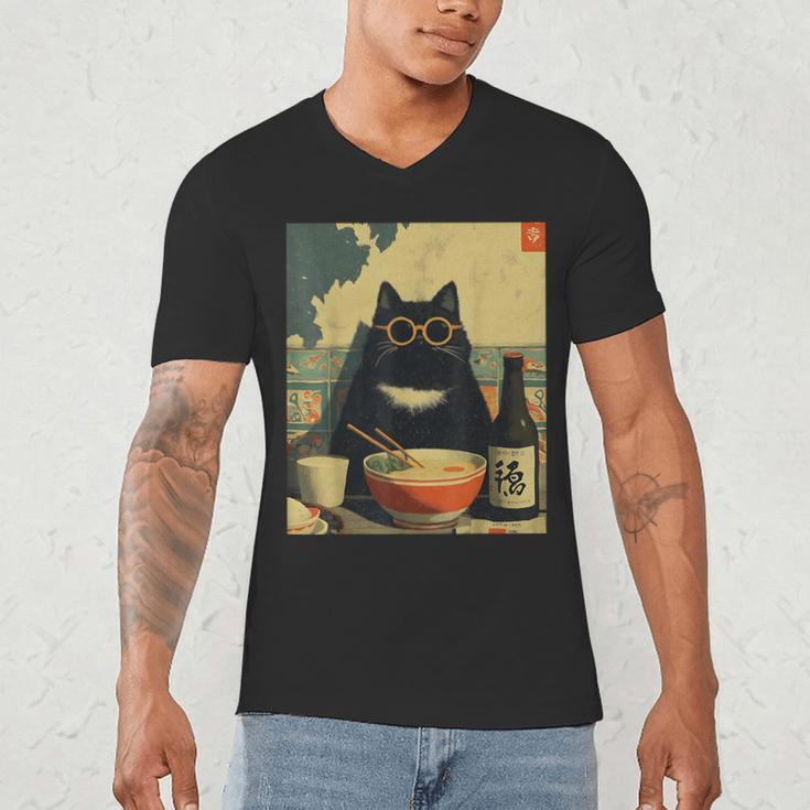 Vintage Japanese Cat Ramen Cat Dad Retro Graphic Women Men's V-Neck T-Shirt