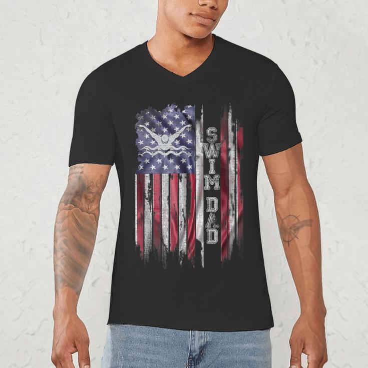Vintage USA Flag Proud Swimming Dad Swim Swimmer Silhouette Men's V-Neck T-Shirt