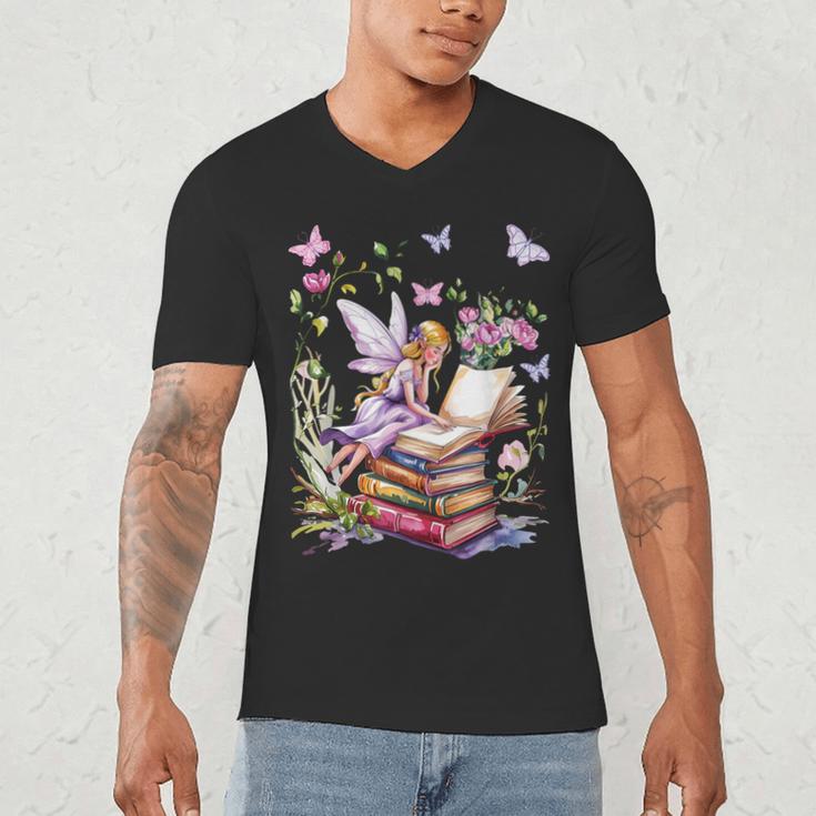 Watercolor Butterfly Fairy Read Book Library Fantasy Novel Men's V-Neck T-Shirt