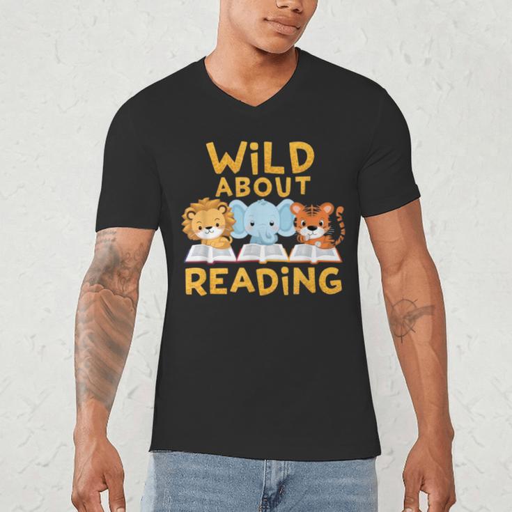 Wild About Reading Cute Animal Book Lover Kids Men's V-Neck T-Shirt Wild About Reading Cute Animal Book Lover Kids Men's V-Neck T-Shirt