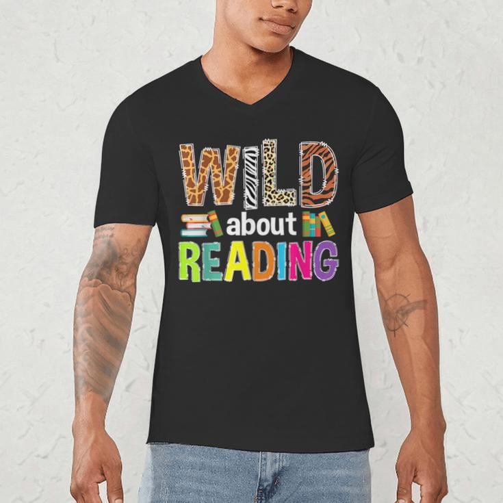 Wild About Reading Library Day Reading Books & Bookworm Men's V-Neck T-Shirt