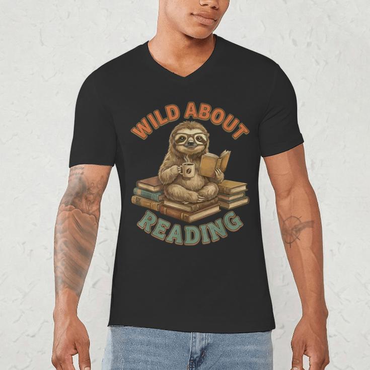 Wild About Reading Sloth Coffee Teacher Book Lover Men's V-Neck T-Shirt