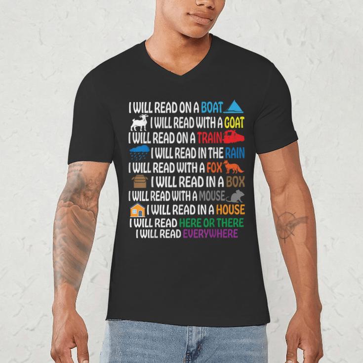 I Will Read Books On A Boat & Everywhere Reading Kids Book Men's V-Neck T-Shirt I Will Read Books On A Boat & Everywhere Reading Kids Book Men's V-Neck T-Shirt