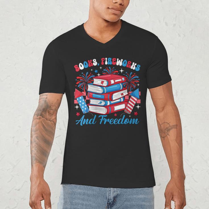 Women's Books Fireworks And Freedom Independence Day Book Lover Men's V-Neck T-Shirt Women's Books Fireworks And Freedom Independence Day Book Lover Men's V-Neck T-Shirt