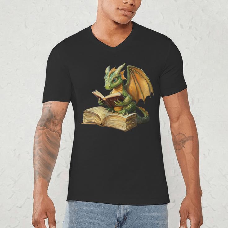 Women's Dragon Bookworm Reading Book Graphic Men's V-Neck T-Shirt Women's Dragon Bookworm Reading Book Graphic Men's V-Neck T-Shirt