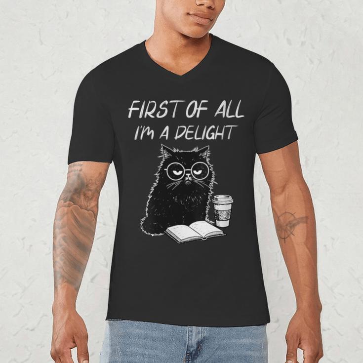 Women's First Of All I’m A Delight Cute Cat Books Coffee Humor Men's V-Neck T-Shirt