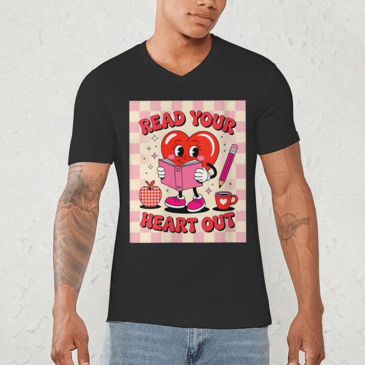 Women's Read Your Heart Out Groovy Bookish Valentine Day Women Girls Men's V-Neck T-Shirt