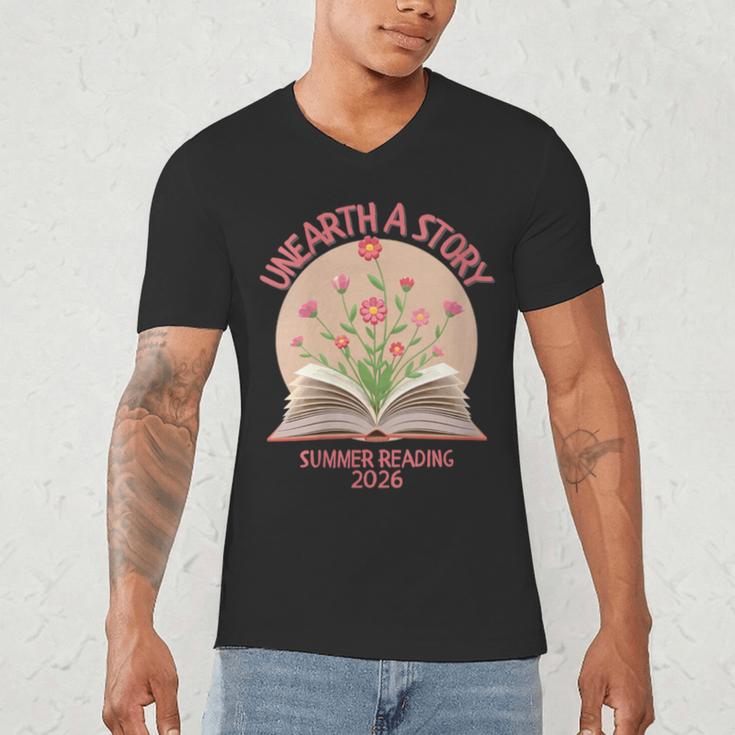 Women's Unearth a Story 2026 Summer Reading Program Flowers Book Men's V-Neck T-Shirt