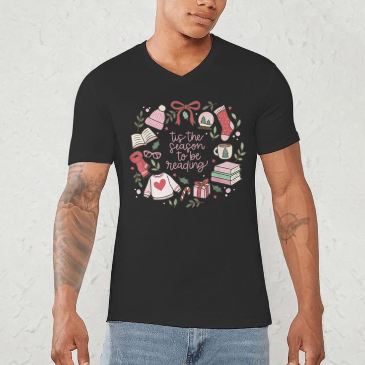 Xmas Tis The Season To Be Reading Books Pajamas Men's V-Neck T-Shirt Xmas Tis The Season To Be Reading Books Pajamas Men's V-Neck T-Shirt