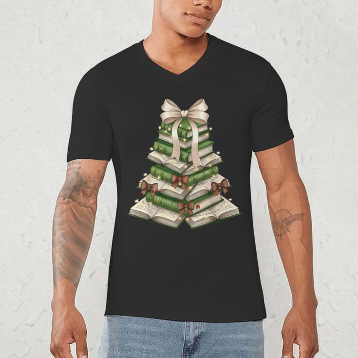 Xmas Tree Books Merry Christmas Coquette Bow Teacher Holiday Men's V-Neck T-Shirt Xmas Tree Books Merry Christmas Coquette Bow Teacher Holiday Men's V-Neck T-Shirt