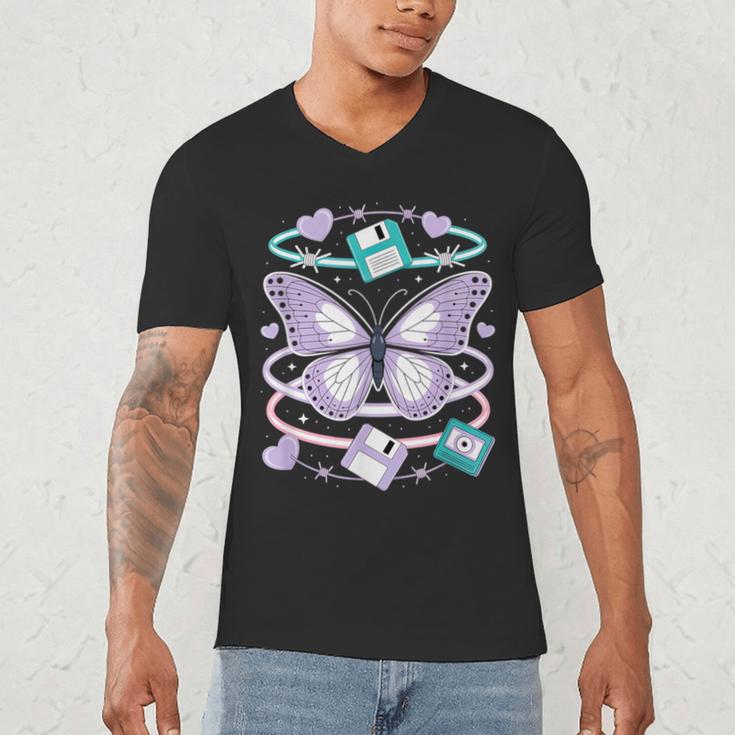 Y2K Butterfly Floppy Disk Art Digital Nostalgia Men's V-Neck T-Shirt Y2K Butterfly Floppy Disk Art Digital Nostalgia Men's V-Neck T-Shirt