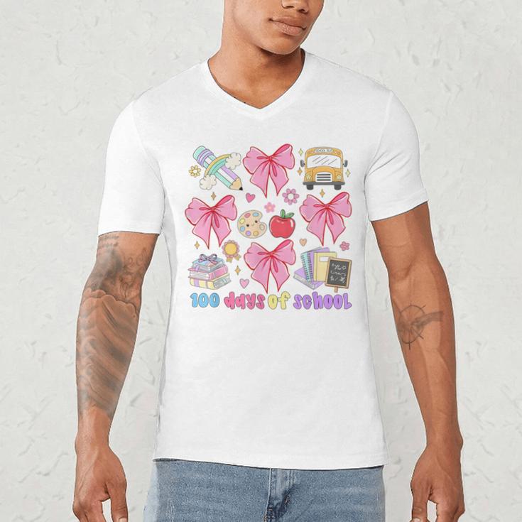 100 Days Of School Coquette Bow School Bus Pencil Books Men's V-Neck T-Shirt