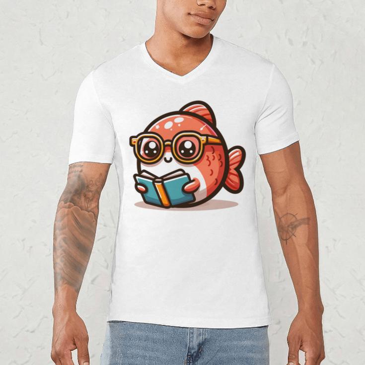 Adorable Book Lover Salmon With Reading Glasses Cute Men's V-Neck T-Shirt