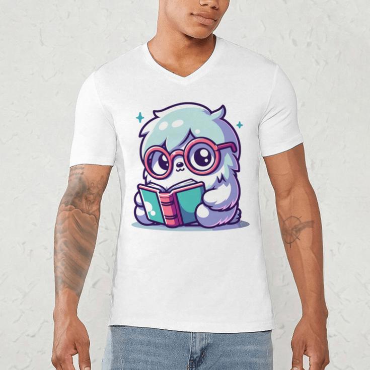 Adorable Book Lover Yeti With Reading Glasses Cute Men's V-Neck T-Shirt
