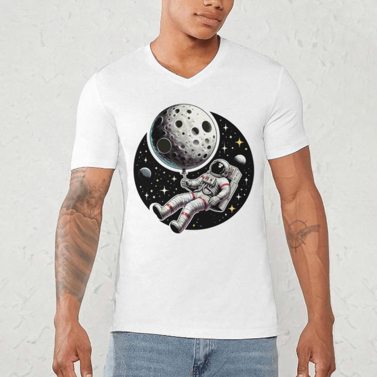 Astronaut Aesthetic Holding Moon Balloon Planets Introvert Men's V-Neck T-Shirt