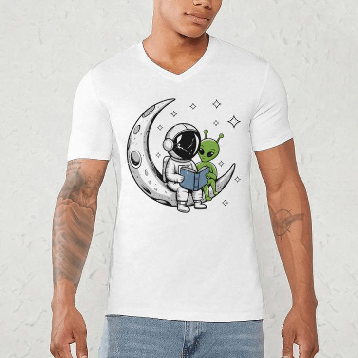 Astronaut Reading Book To Alien Moon Space Astronomy Men's V-Neck T-Shirt Astronaut Reading Book To Alien Moon Space Astronomy Men's V-Neck T-Shirt