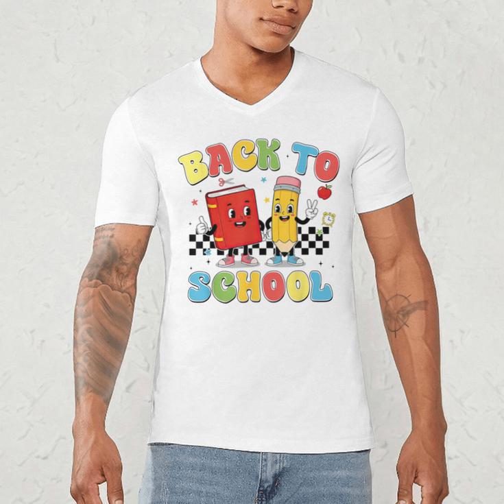 Back To School Checkered Book Pencil Groovy Teacher Student Men's V-Neck T-Shirt