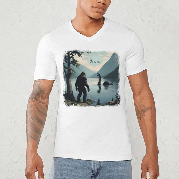 Bigfoot Sasquatch & Loch Ness Monster Introvert Bruh Men's V-Neck T-Shirt