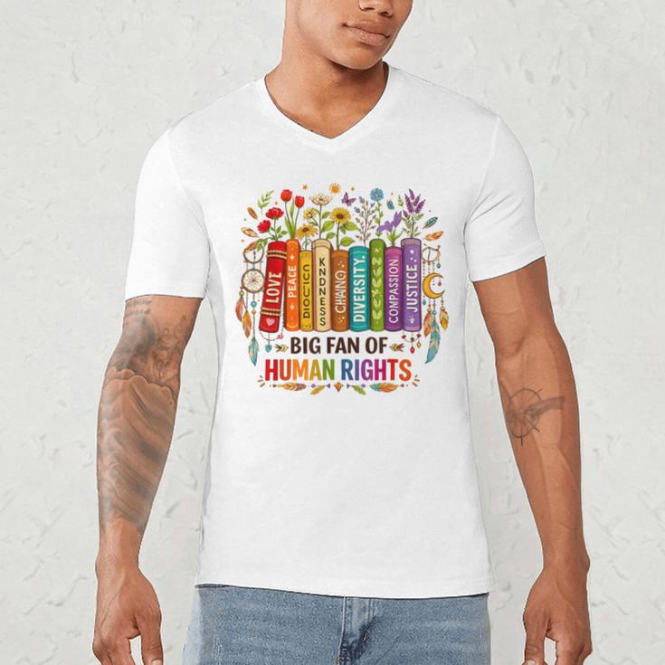 Boho Floral Book Big Fan Of Human Rights Liberal Protest Men's V-Neck T-Shirt