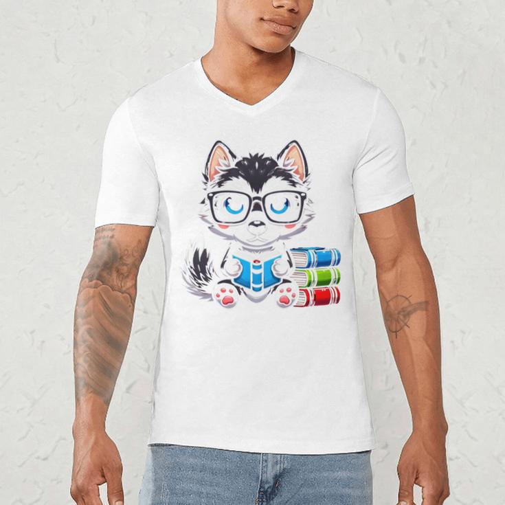 Book Lover Reading Husky Dog Men's V-Neck T-Shirt
