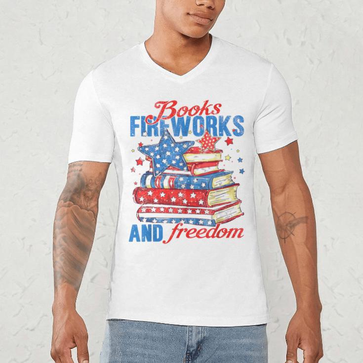 Books Fireworks And Freedom 4th Of July Book Lover Men's V-Neck T-Shirt