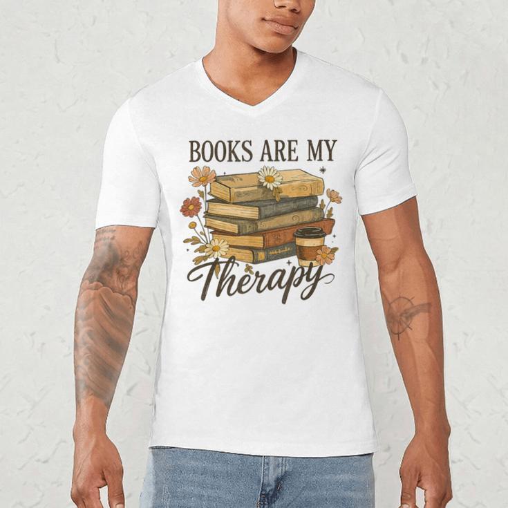 Books Are My Therapy Vintage Book Lover Daisy Art Men's V-Neck T-Shirt
