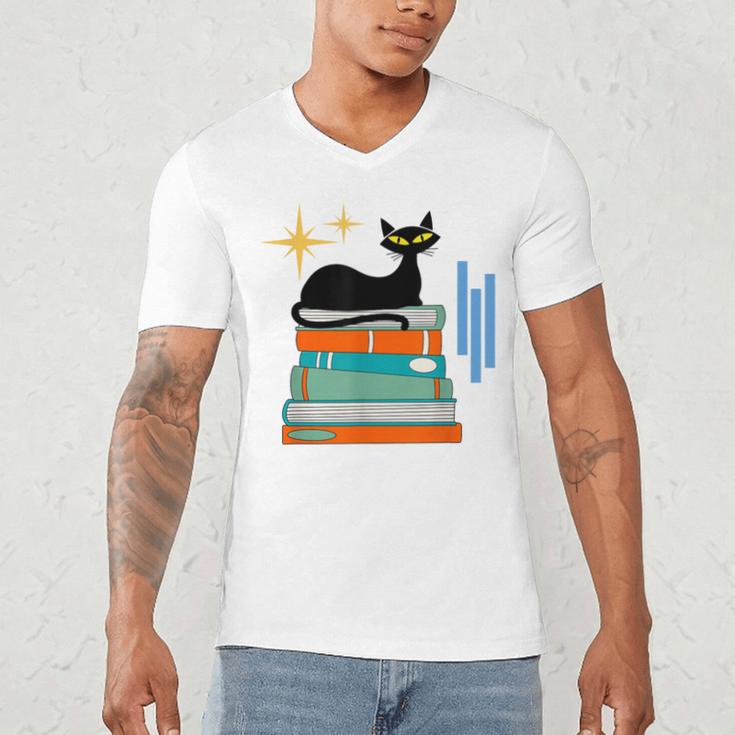Cat And Books Retro Midcentury Mid Century Aesthetic Men's V-Neck T-Shirt Cat And Books Retro Midcentury Mid Century Aesthetic Men's V-Neck T-Shirt