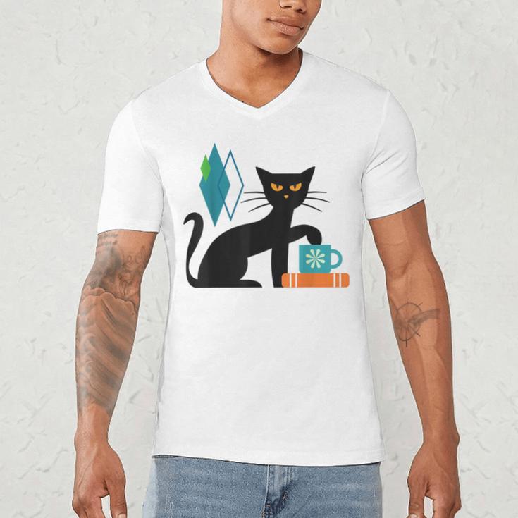 Cat Midcentury With Book And Coffee Atomic Age Mid Century Men's V-Neck T-Shirt